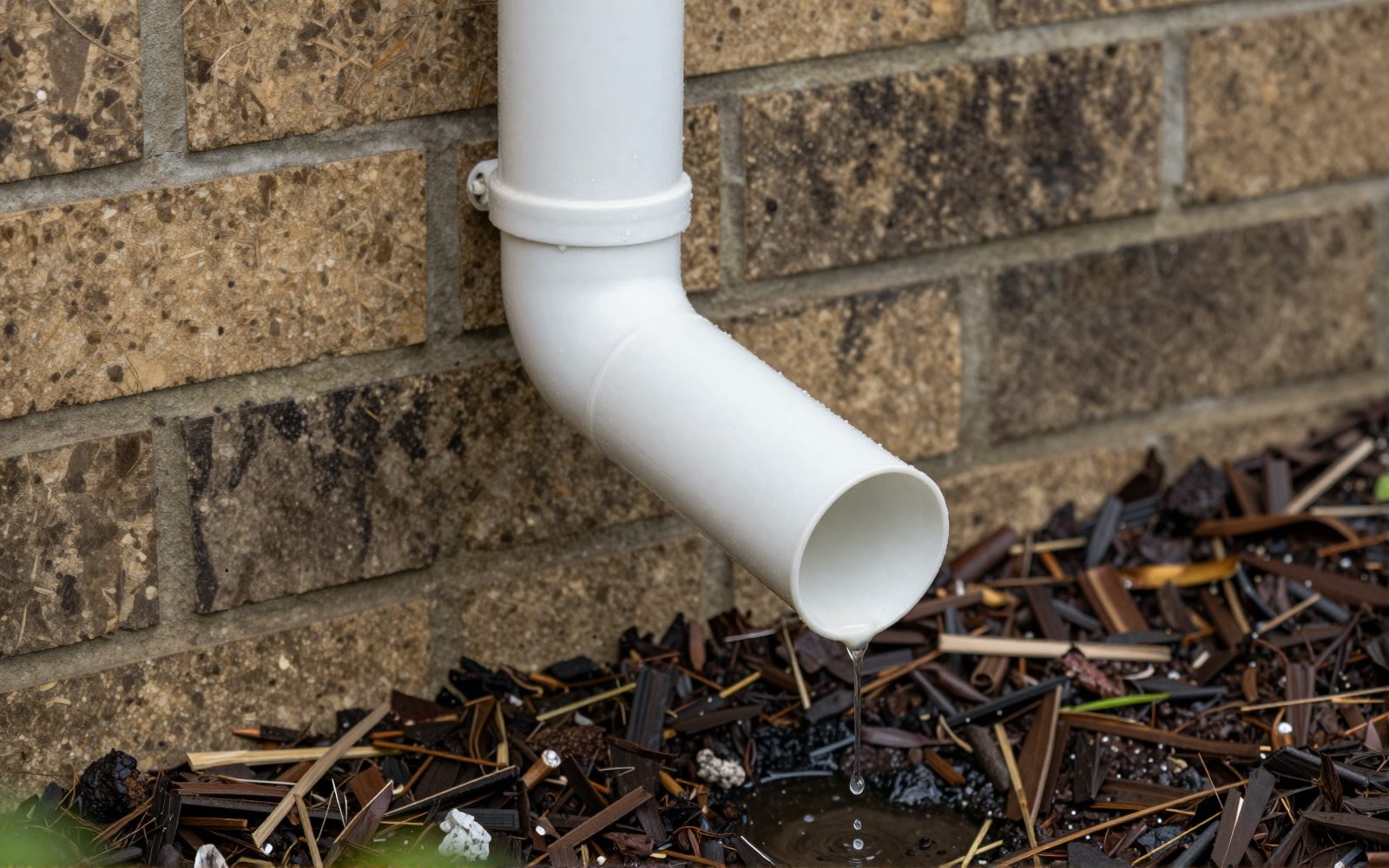 Illustration: a thin white plastic condensate drain pipe coming out of a brick wall near the ground, with drops of water dripping from its open end onto mulch in a garden bed, close up