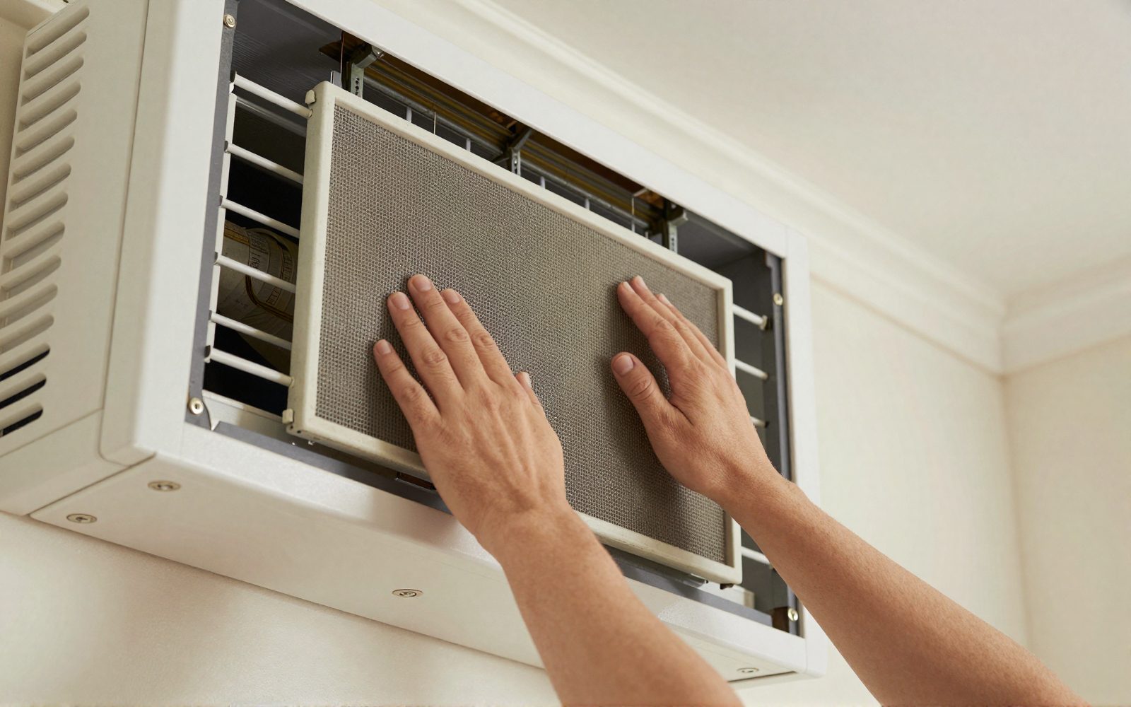 Illustration: hands sliding a dusty mesh filter out of an open wall-mounted split system indoor unit