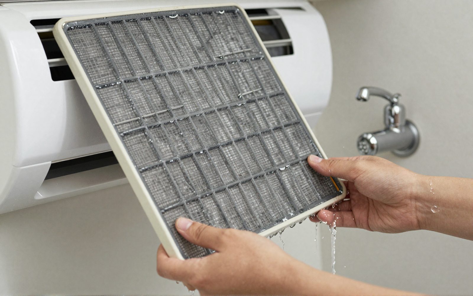Illustration: a grey mesh air conditioner filter being rinsed under a laundry tap