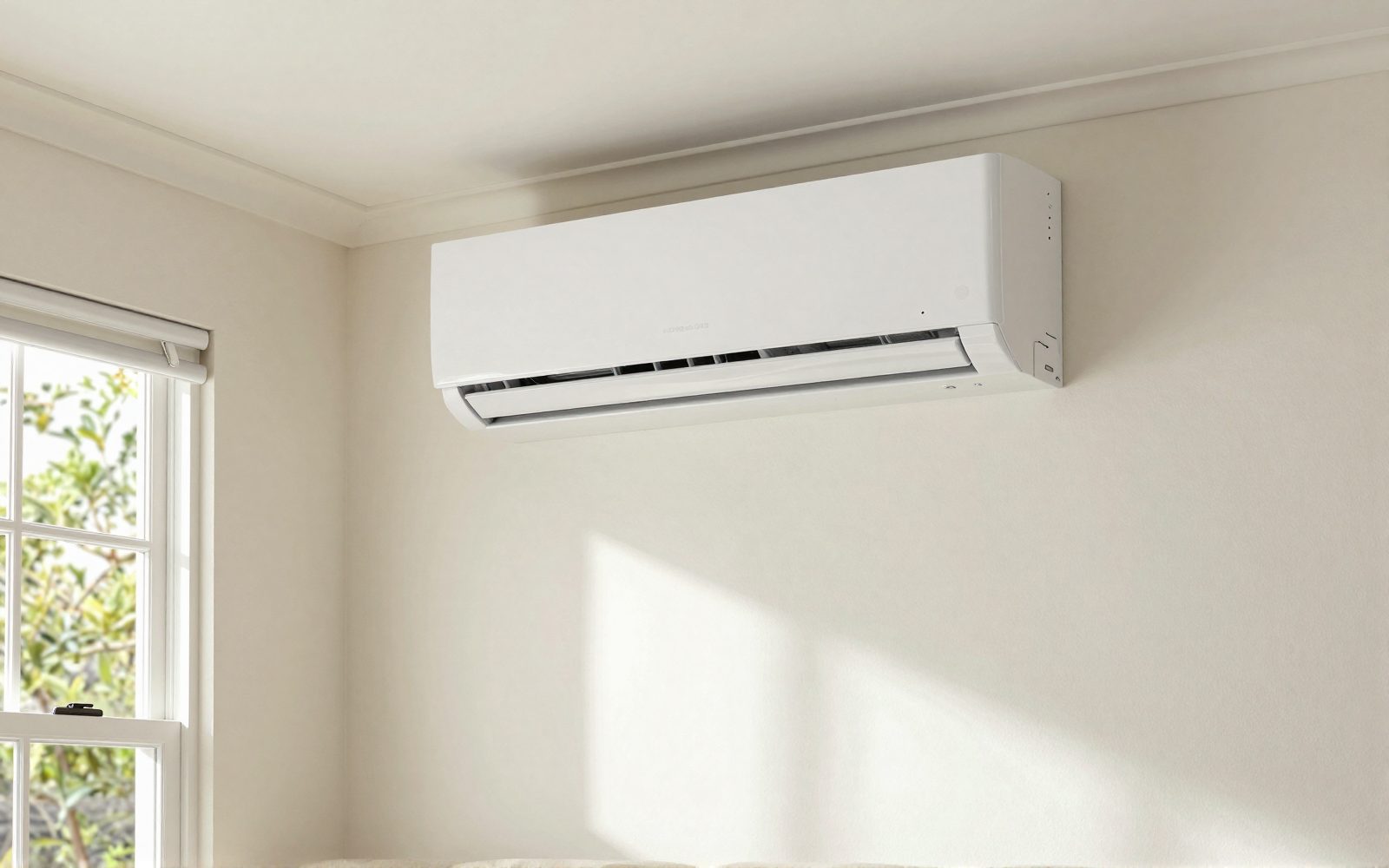 Illustration: a white wall-mounted split system air conditioner above a window in a bright living room of a weatherboard house, summer light