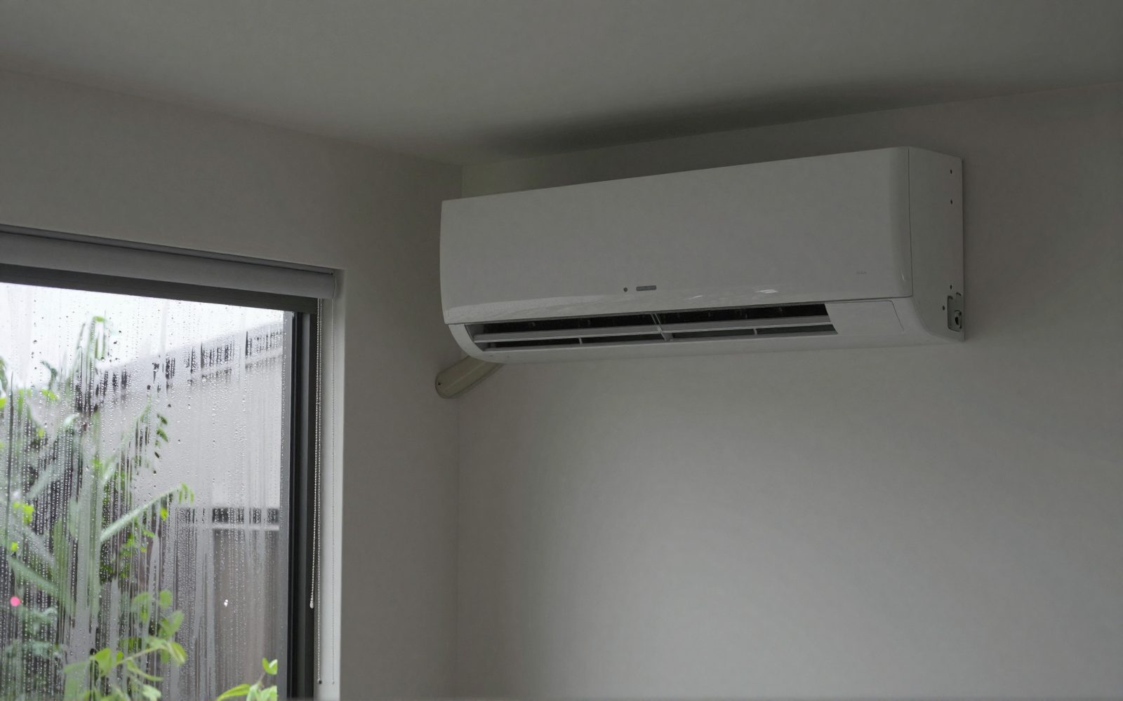 Illustration: a living room on a humid summer evening, condensation on the window glass, a slim white rectangular wall-mounted split system air conditioner indoor unit, wide and shallow with a horizontal louvre along its bottom edge high on the wall above the window