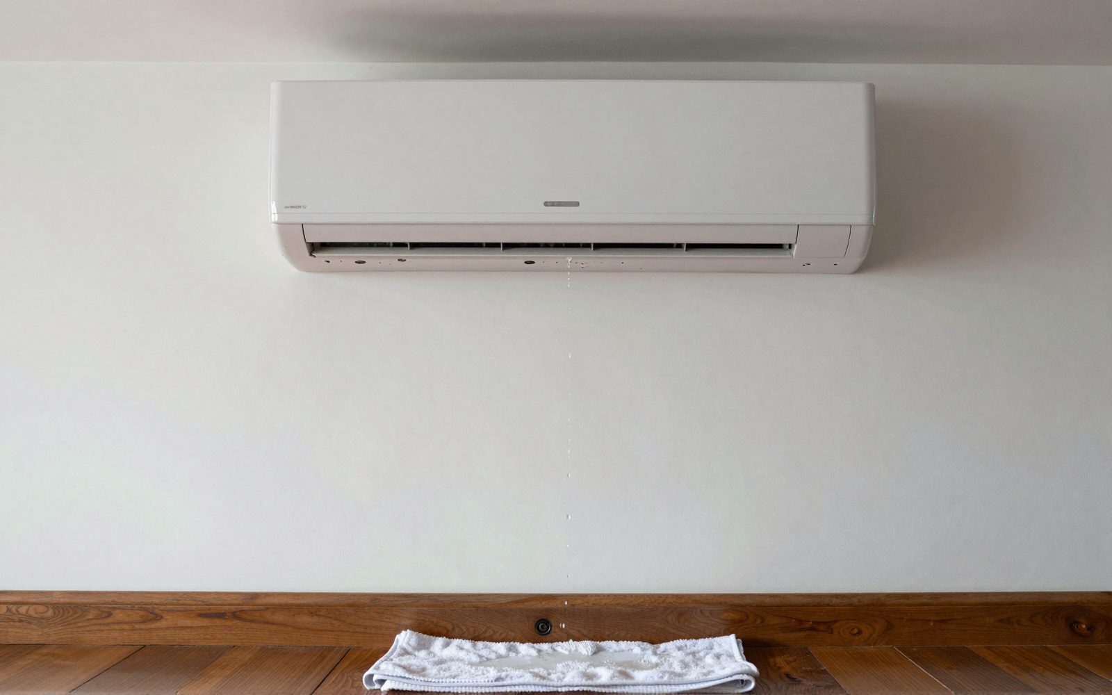 Illustration: a towel laid on the floor below a slim white rectangular wall-mounted split system air conditioner indoor unit, wide and shallow with a horizontal louvre along its bottom edge mounted high on the wall, a folded towel on the timber floor below