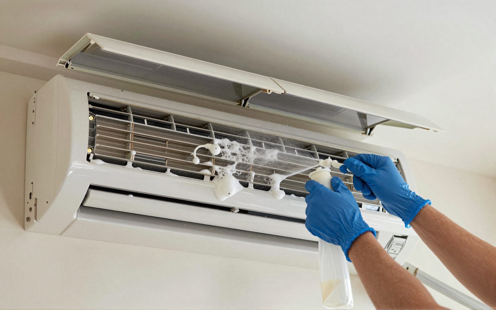 Illustration: hands in gloves spraying cleaning foam onto the exposed aluminium coil fins of a slim white rectangular wall-mounted split system air conditioner indoor unit, wide and shallow with a horizontal louvre along its bottom edge with its front cover lifted open, a plastic drip bag hanging underneath