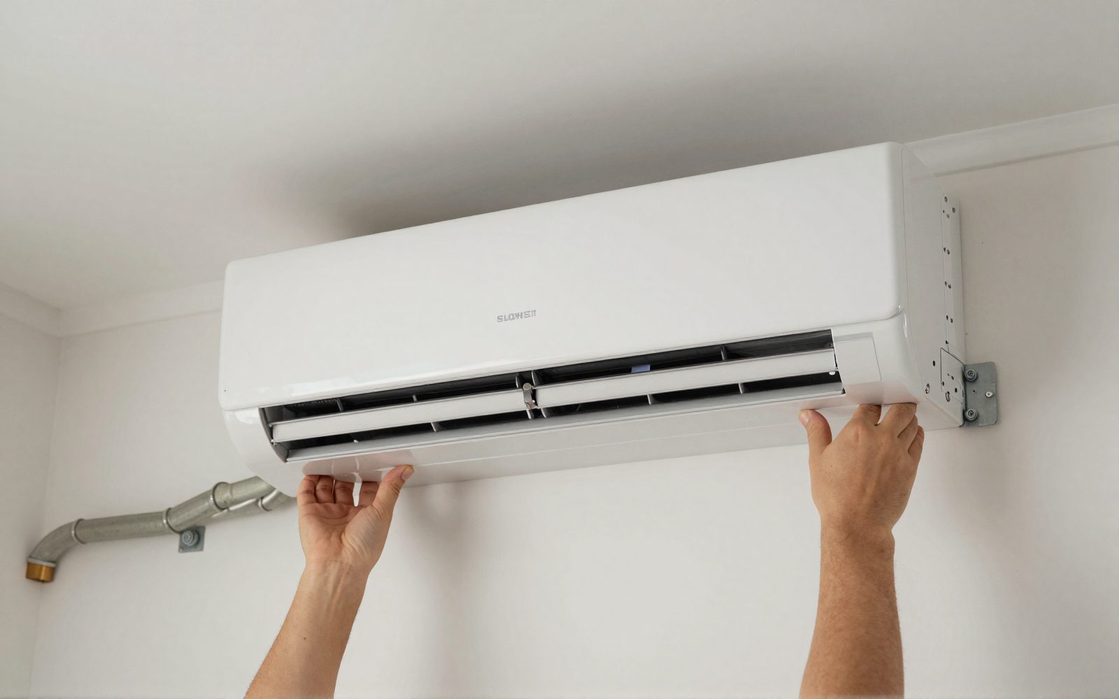 Illustration: two hands lifting a slim white rectangular wall-mounted split system air conditioner indoor unit, wide and shallow with a horizontal louvre along its bottom edge onto its metal mounting plate on a white living room wall, insulated copper pipes coming out of the wall beside it